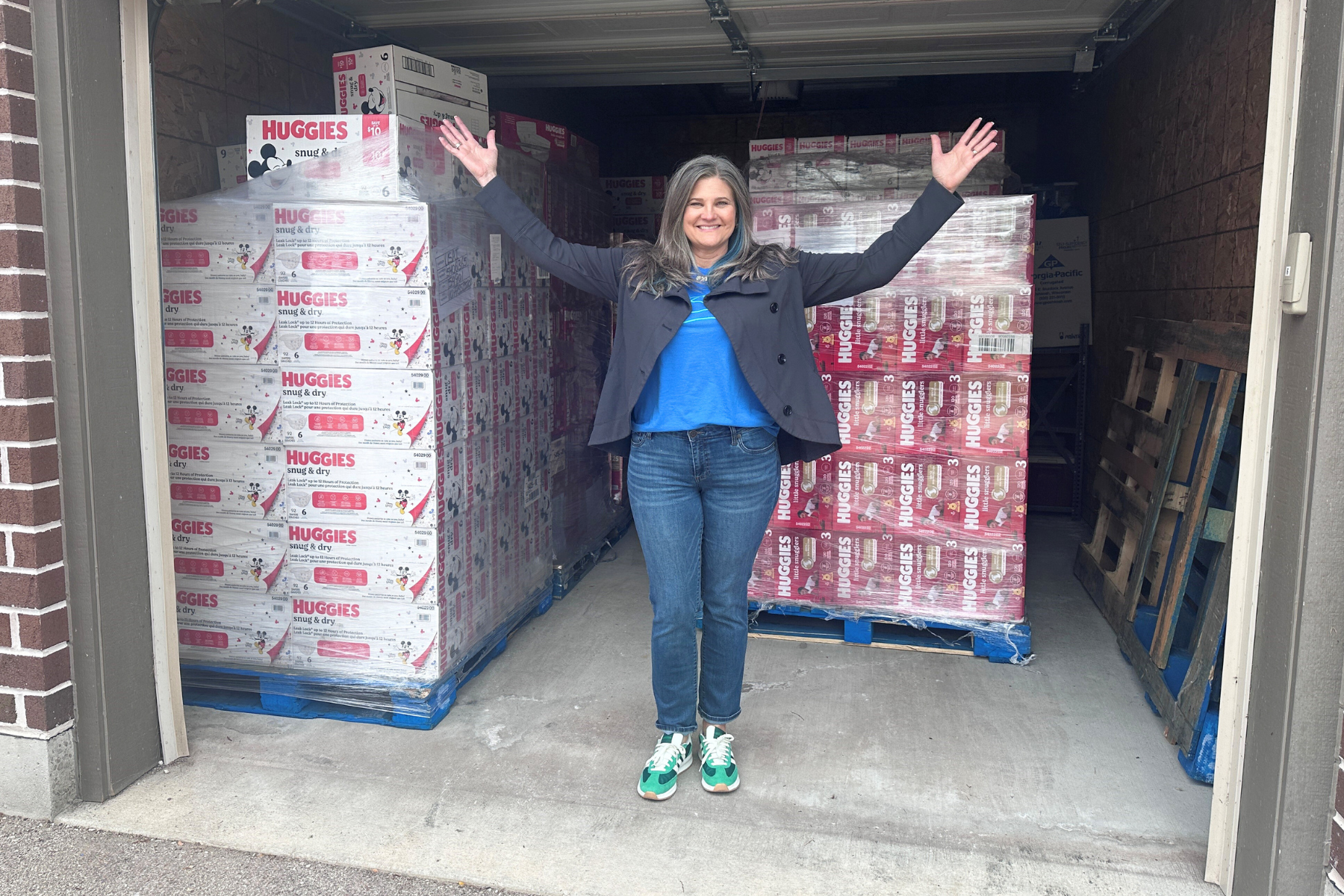 Stacks of 75,000 diapers donated by Kimberly-Clark to Oshkosh Area United Way for families in need.